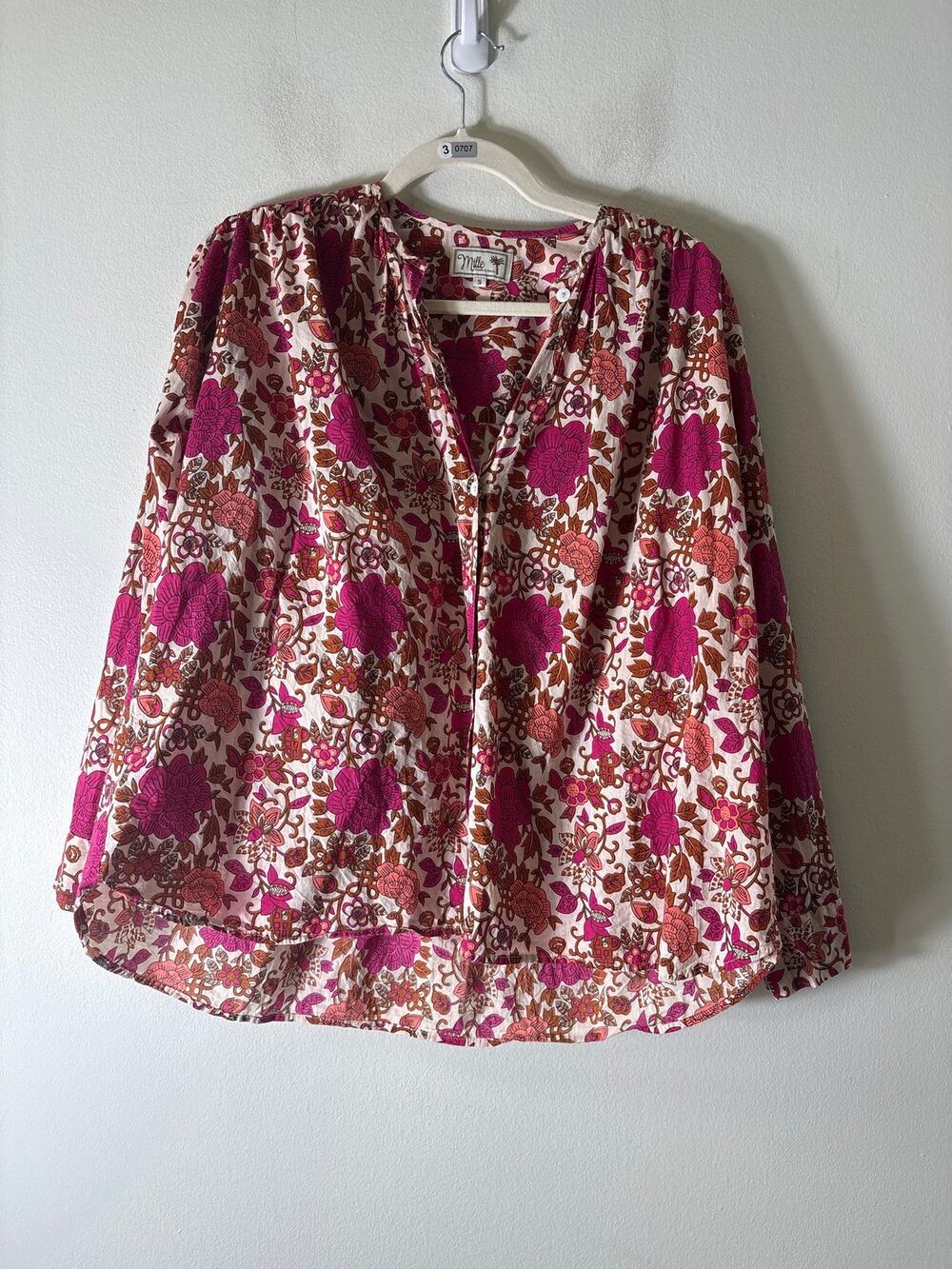 Mille Resort Dark Pink Floral Long Sleeve Cotton Button Up Top Sz S